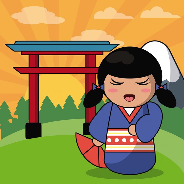 Japanisches landschaftsbild der kokeshi puppe