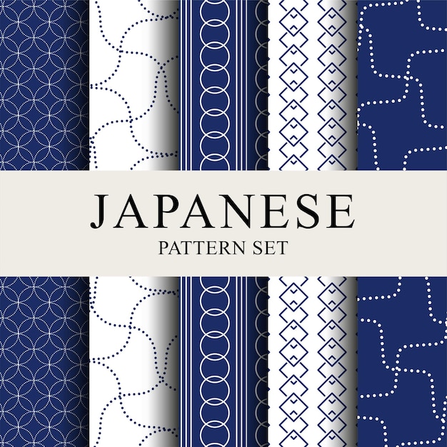 Japanisches sashiko-muster in grau- und indigofarben, sechseckig, quadratisch und rund