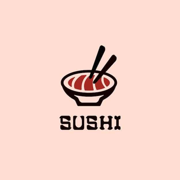 Japanisches sushi-logo mit meeresfrüchten, essstäbchen und swoosh-schüssel, japanisches essen, vektorgrafik
