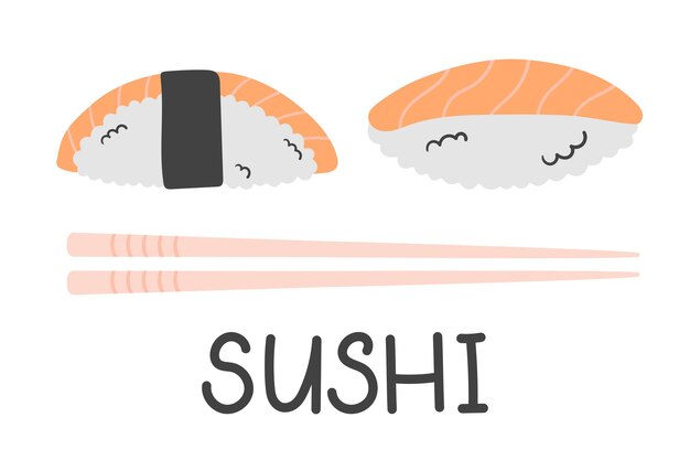 Vektor japanisches sushi mit lachs in der flachen doodle-stil-vektorillustration für die lieferung von speisen im menürestaurant