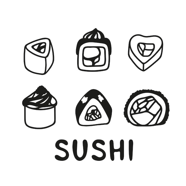 Japanisches sushi-rollenset in handgezeichneter asiatischer küche im doodle-stil für restaurantmenüs