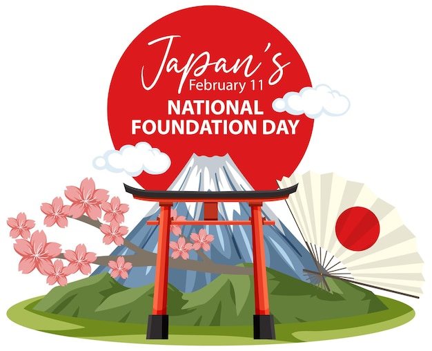 Japans national foundation day banner mit mount fuji und torii-tor