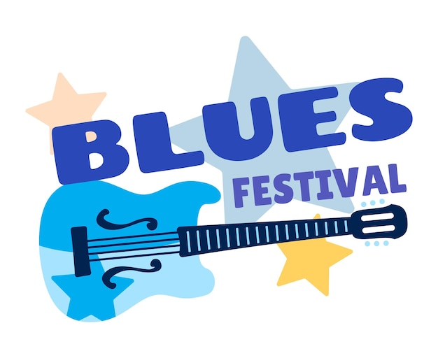 Vektor jazz- und blues-musikfestival-ikonen mit gitarre und sternen vektor-saitenmusikinstrument symbol des jazzbandkonzerts live-musik-show nachtclub-party und akustische aufführung blues-festival-flyer