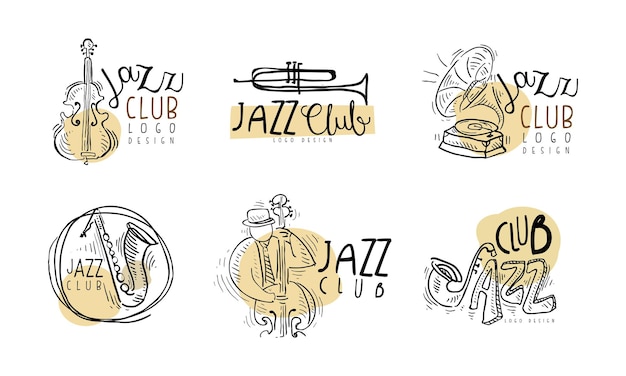 Jazzclub-Logo-Design mit Musikinstrument-Vektor-Set