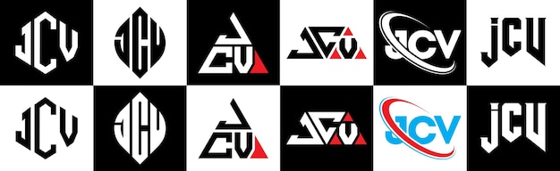 Vektor jcv-buchstaben-logo-design in sechs stilen. jcv-polygon-kreis-dreieck-sechseck-flacher und einfacher stil mit schwarzen und weißen farbvariationen. buchstaben-logo auf einer zeichenfläche. jcv-minimalistisches und klassisches logo