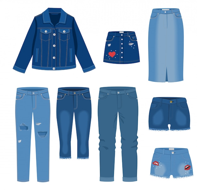 Jeans kleidung. trendy mode zerrissen denim freizeitkleidung illustration, jeans outfit kleidungsstücke modelle isoliert auf weißem hintergrund. jeans, jeansröcke, shorts, jacke.