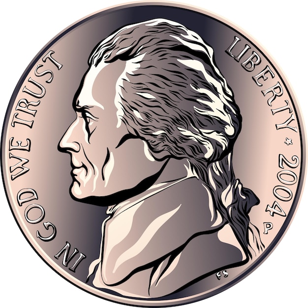 Vektor jefferson nickel american money vereinigte staaten fünf-cent-münze mit profil thomas jefferson third pres...
