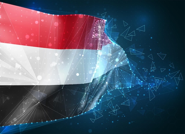 Jemen, Flagge, virtuelles abstraktes 3D-Objekt aus dreieckigen Polygonen auf blauem Hintergrund