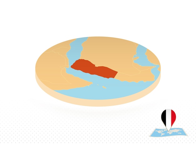 Jemen-karte im isometrischen stil orangefarbene kreiskarte