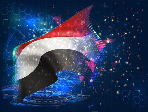 Jemen-Vektorflagge virtuelles abstraktes 3D-Objekt aus dreieckigen Polygonen auf blauem Hintergrund