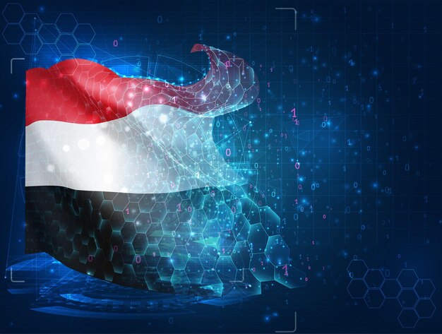 Jemen-Vektorflagge virtuelles abstraktes 3D-Objekt aus dreieckigen Polygonen auf blauem Hintergrund
