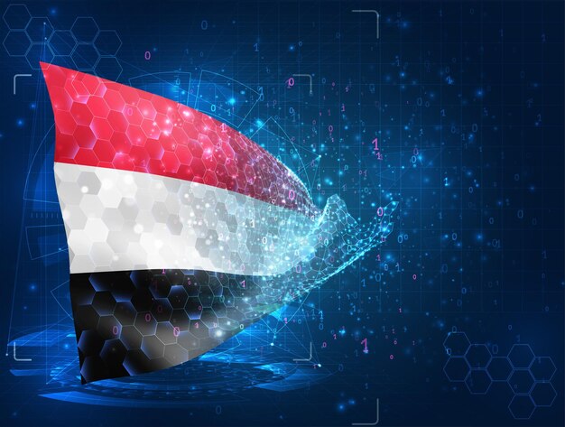 Jemen-Vektorflagge virtuelles abstraktes 3D-Objekt aus dreieckigen Polygonen auf blauem Hintergrund