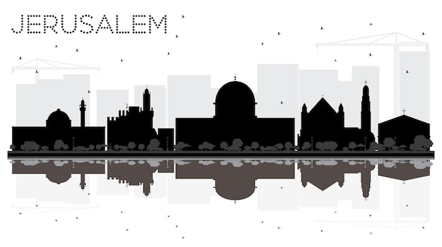 Jerusalem Israel City Skyline Schwarz-Weiß-Silhouette mit Reflexionen. Vektor-Illustration. Geschäftsreisekonzept. Jerusalem-Stadtbild mit Sehenswürdigkeiten.
