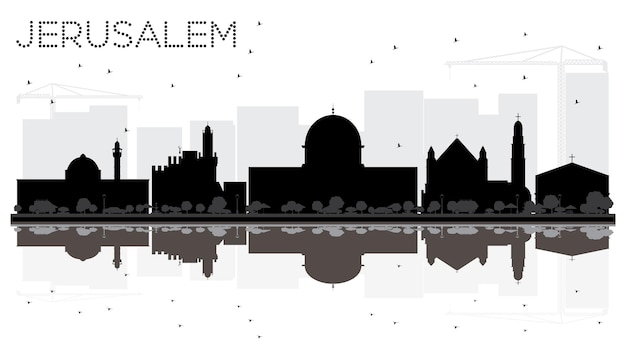 Jerusalem israel city skyline schwarz-weiß-silhouette mit reflexionen. vektor-illustration. geschäftsreisekonzept. jerusalem-stadtbild mit sehenswürdigkeiten.