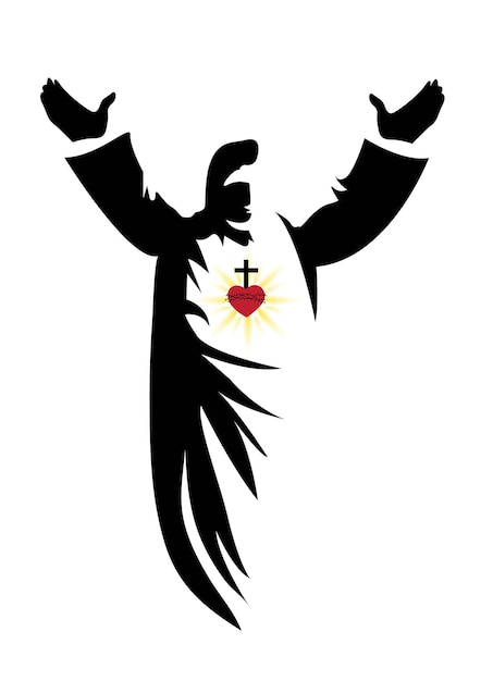 Jesus christus, der sohn gottes, des erlösers, hebt die hände, um alle mit einem roten kreuz und einem heiligen herzen zu segnen