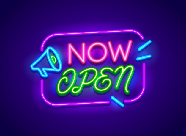 Jetzt Banner öffnen, Neon leuchtendes Schild mit Megaphon. Informationsnachricht, Zeichen für Nachtclub, Geschäft, Geschäft oder Unternehmensservice. Typografie-Design-Label für Restaurant. Vektorillustration