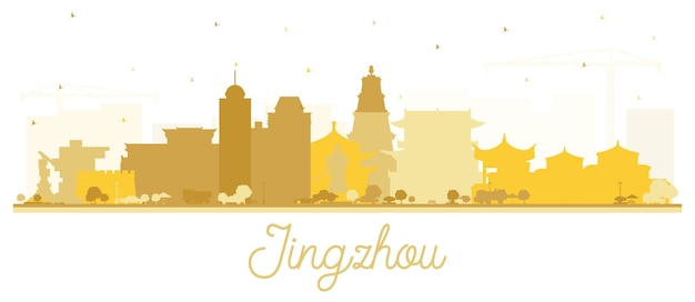 Jingzhou china city skyline silhouette mit goldenen gebäuden, isolated on white