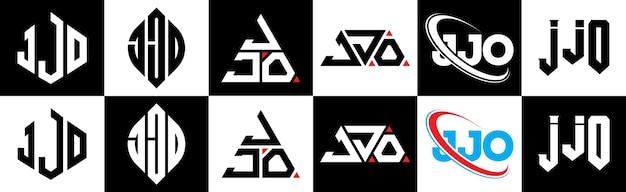 Vektor jjo-buchstaben-logo-design im sechsten stil. jjo-polygon-kreis-dreieck-sechseck-flacher und einfacher stil mit schwarz-weißer farbvariation. buchstaben-logo auf einer zeichenfläche. jjo minimalistisches und klassisches logo