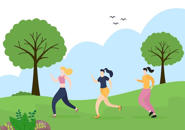 Joggen oder laufen sport hintergrund illustration männer und frauen für aktiven körper, gesunden lebensstil, outdoor-aktivitäten