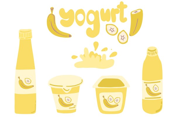 Joghurt-set gelbe bananenmilch-produkt mit flachem design