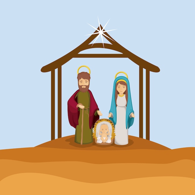 Vektor joseph mary und baby jesus cartoon symbol. heilige familie und frohe weihnachten saison thema. bunte desi