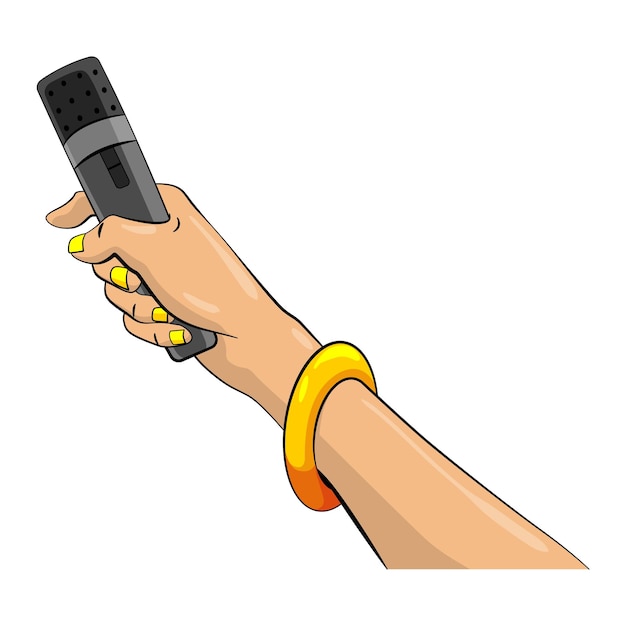 Vektor journalist im pop-art-comic-stil hält das mikrofon in der hand, der reporter hält den voice-recorder in der hand. pressekonferenz oder interview mit massenmedien-nachrichten in cartoon-vektorillustration