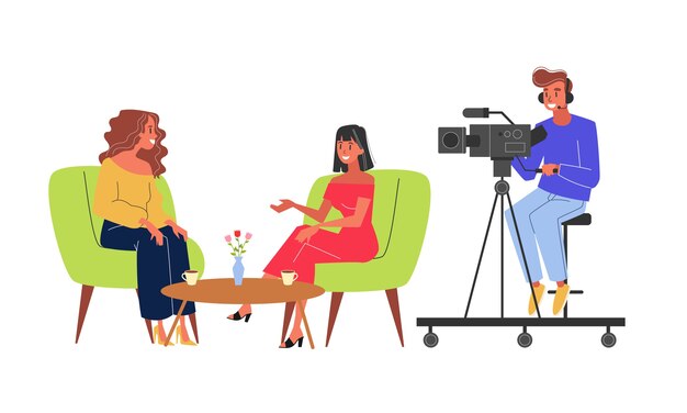 Journalist nehmen Interview und Kameramann drehen Video