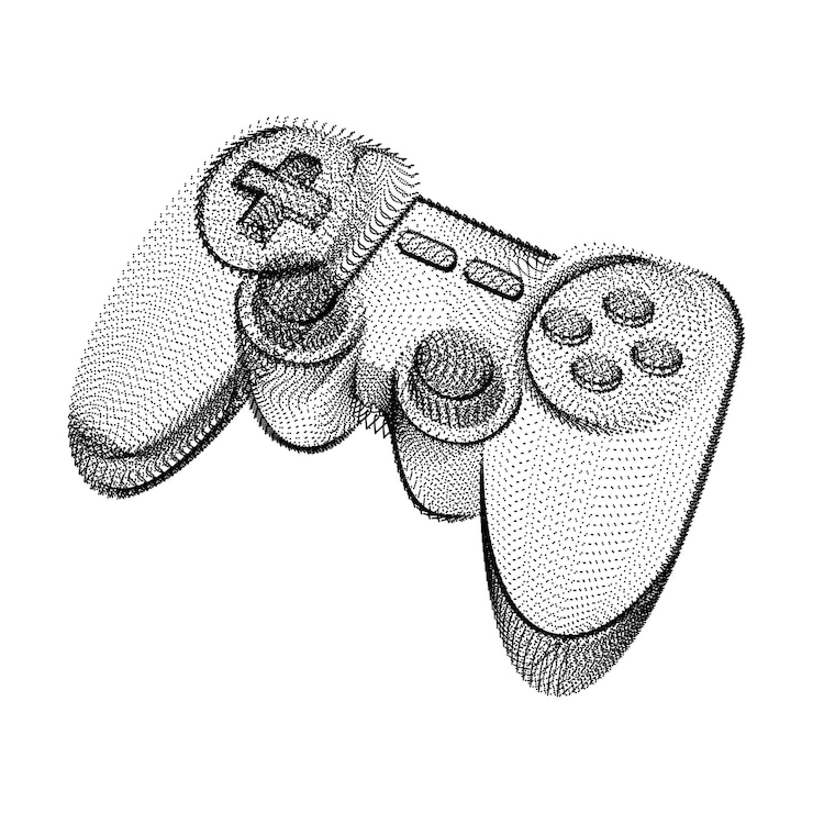 Vektor joystick-silhouette bestehend aus schwarzen punkten und partikeln. 3d-vektor-drahtmodell eines gamepad-controller-geräts mit einer kornstruktur. abstraktes geometrisches symbol mit gepunkteter struktur isoliert auf weiß