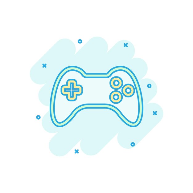 Joystick-Zeichen-Icon im Comic-Stil Gamepad Vektor-Cartoon-Illustration auf weißem isolierten Hintergrund Gaming-Konsole-Controller Geschäftskonzept Splash-Effekt
