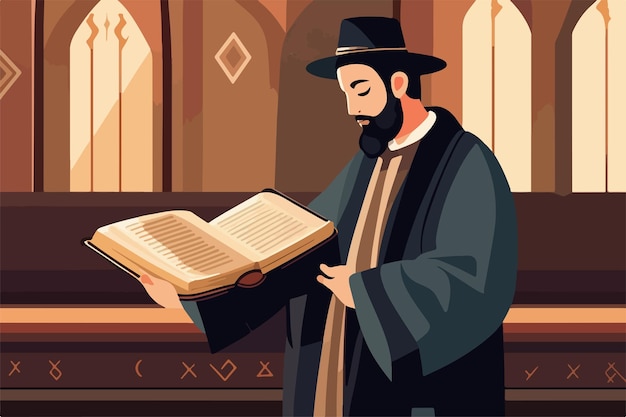 Vektor jüdische vektorillustrationsserie. jude liest thora in synagogenvektorillustration