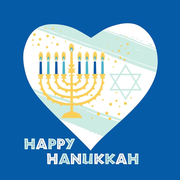 Jüdischer feiertag chanukka-grußkarte traditionelle chanukka-symbole menorah-kerzen in herzillustra