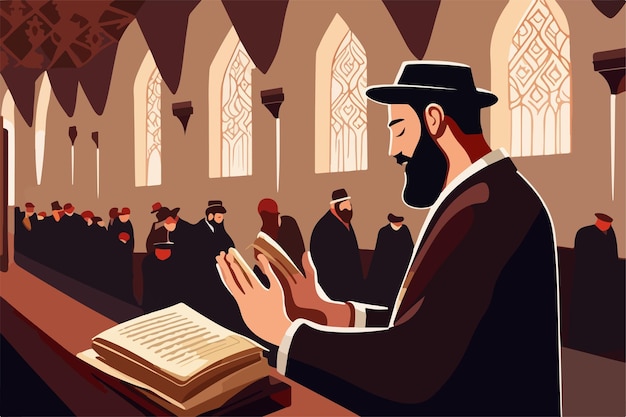 Vektor jüdischer hassidischer rabbiner in der synagoge liest thora-vektorillustration-jüdisches feiertagskonzept