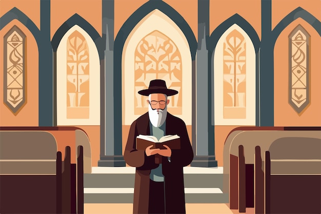 Vektor jüdischer hassidischer rabbiner in der synagoge liest thora-vektorillustration-jüdisches feiertagskonzept