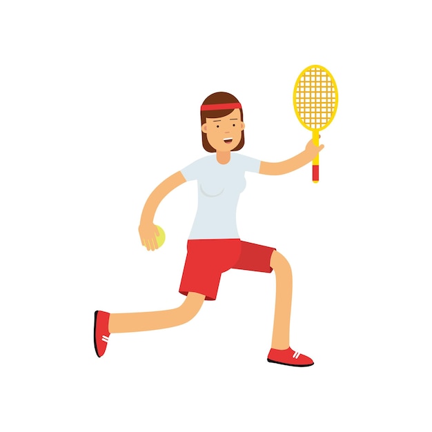 Jugendlich mädchen, das tennis, aktive lebensstilvektorillustration auf einem weißen hintergrund spielt