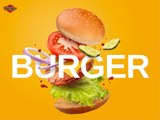 Jumping Burger-Anzeigen, leckerer und attraktiver Hamburger mit erfrischenden Zutaten in 3D-Darstellung auf chromgelbem Hintergrund