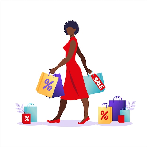 Junge afrikanische Frau mit Papiertüten geht mit Verkäufen. Konzept des Online- und Offline-Shoppings, des Verkaufs, des Rabatts. Vektorillustration für Webbanner, Infografiken, Handy. Vektorillustration im flachen Stil.