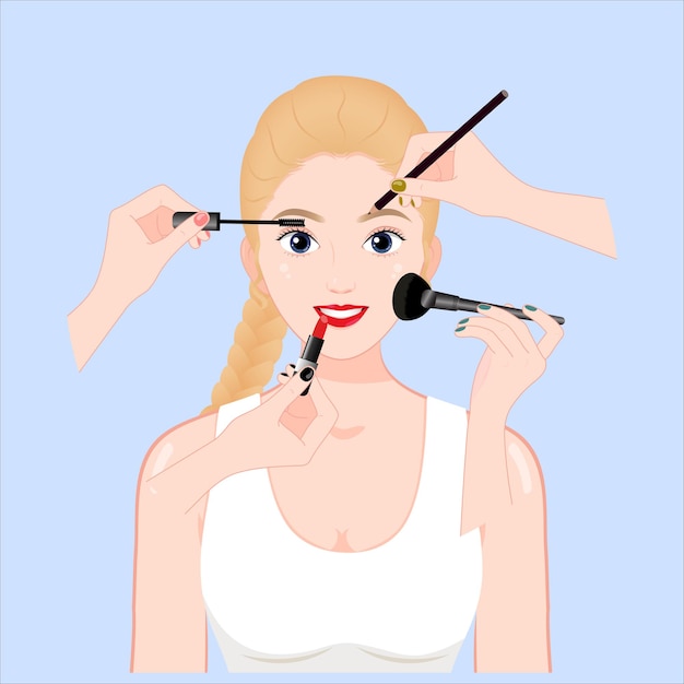 Junge Amerikanerin mit blonden Haaren macht mit kosmetischen Produkten Schönheits-Make-up-Konzeptpinsel