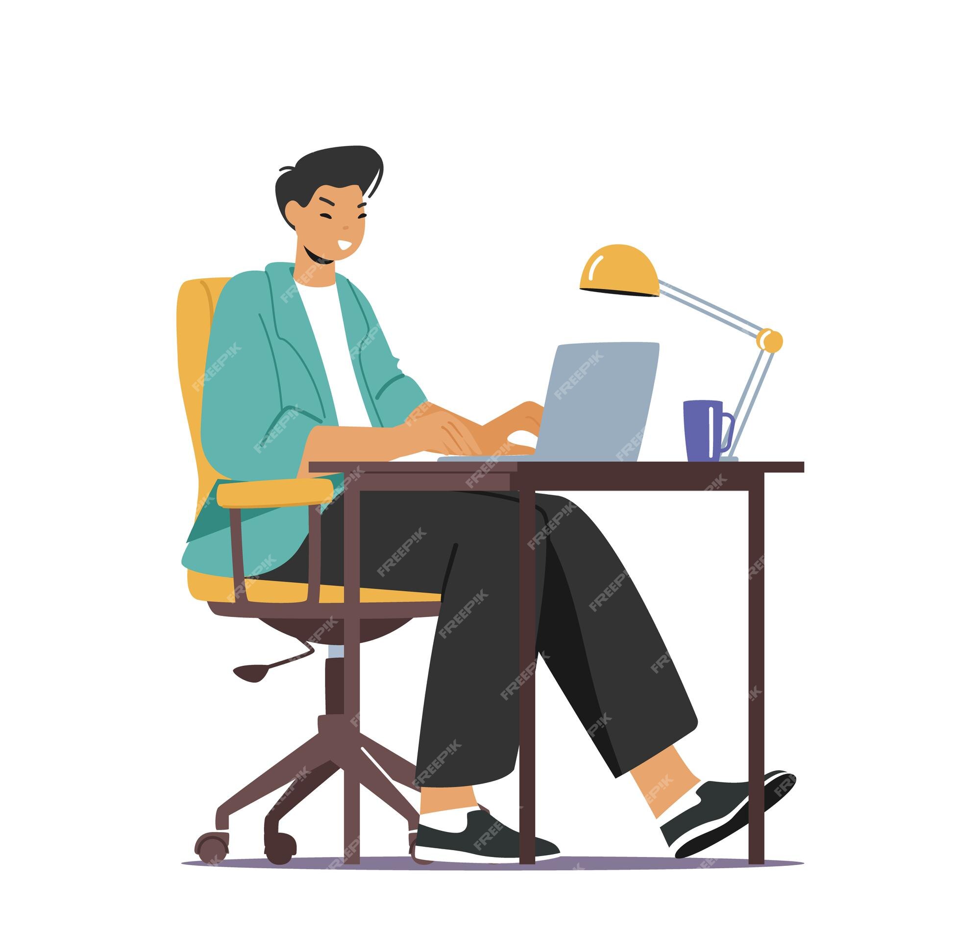 Персонаж сидит в кабинете за столом. Студент за столом графический рисунок. Клипарт Графика человек сидит с ноутбуком. Клипарт парень сидит с ноутбуком шесть рук.