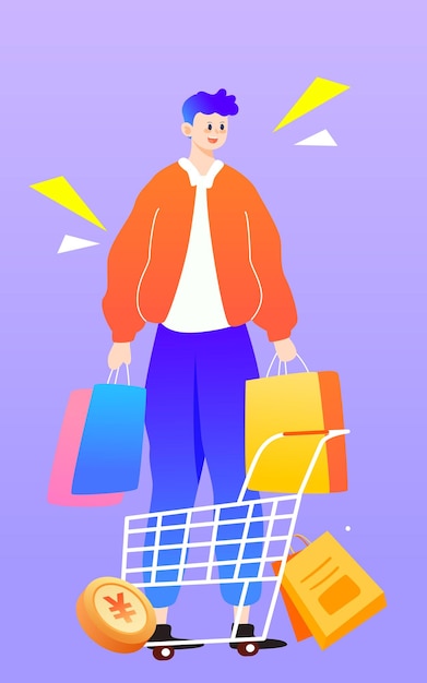 Junge beim einkaufen mit einkaufstüten 618 e-commerce-shopping-festival-vektorillustration