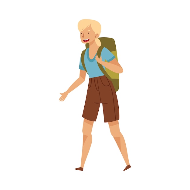 Junge blonde Frau mit Rucksack Gehende Vektorillustration