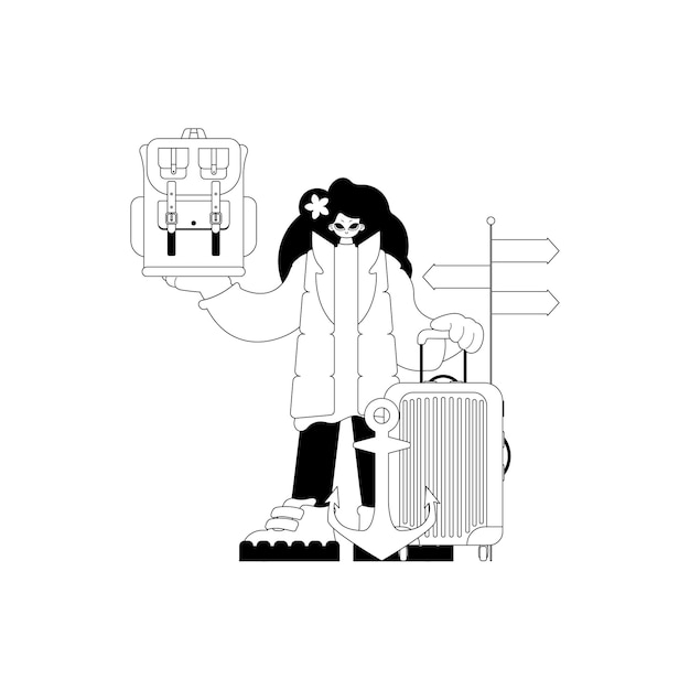 Vektor junge dame mit einem reiserucksack in der hand, tourismusthema, schwache und weiße lineart, vektorillustration im trendigen stil