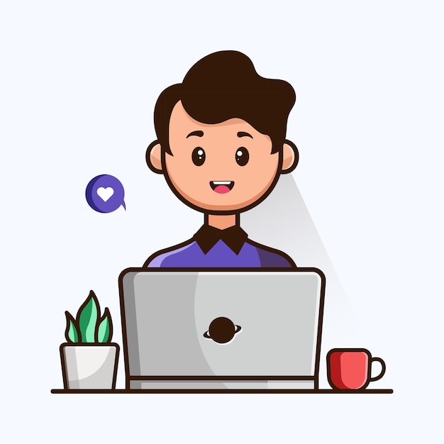junge, der am laptop mit kaffeeillustration und flachem karikaturstil der kaktusblume arbeitet