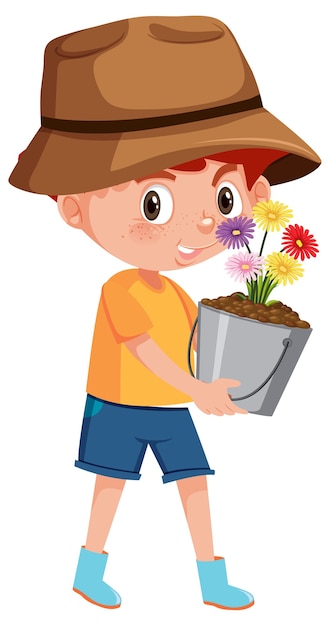Junge, der Blume im Topfkarikaturcharakter lokalisiert auf weißem Hintergrund hält