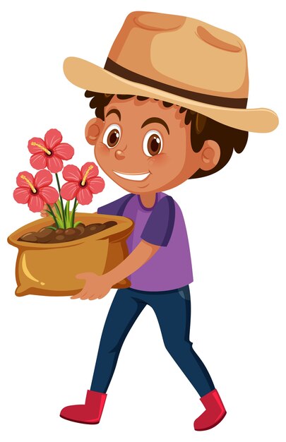 Junge, der Blume im Topfkarikaturcharakter lokalisiert auf weißem Hintergrund hält
