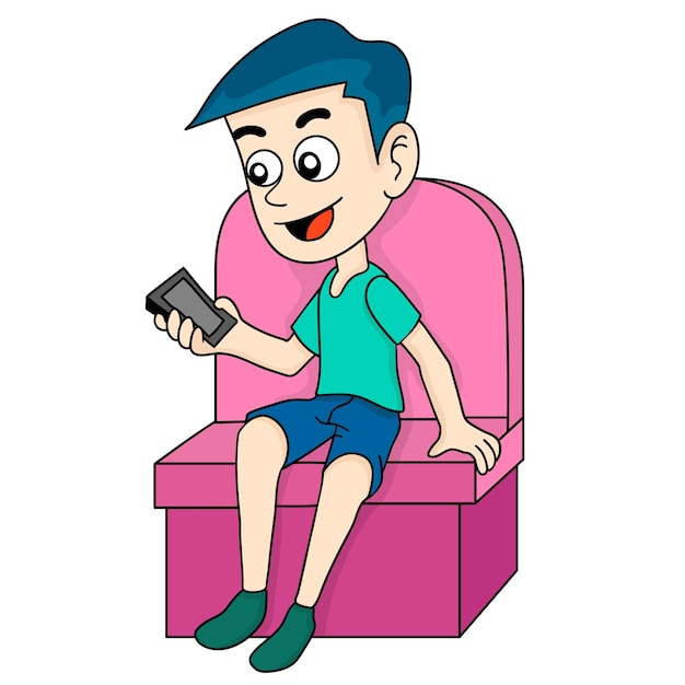 Junge, der smartphone auf dem sofa spielt. cartoon illustration aufkleber emoticon