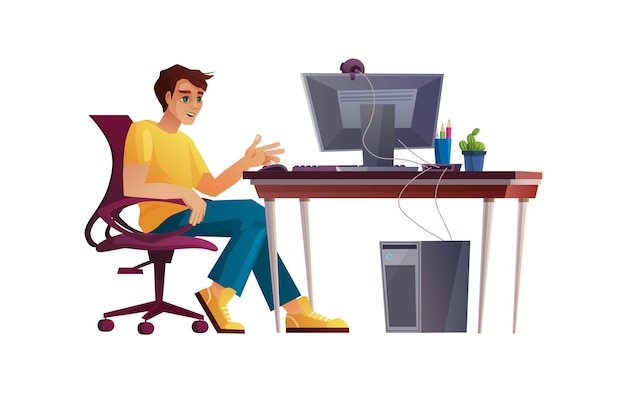 Junge, der vom Hauptbüro, vom Studenten oder vom Freiberufler am Computertisch arbeitet.