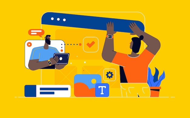 Junge Designer, die Präsentationen machen oder ein neues Projekt vorbereiten. Kreativteam von Webdesignern, die Prototypen für eine neue Website, Zielseite oder mobile Anwendung erstellen. Teamwork-Konzept. Vektor-Illustration