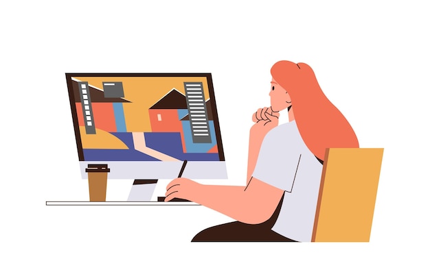 Junge Designerin arbeitet am Computer, sitzt am Schreibtisch und denkt über die Aufgabe nach