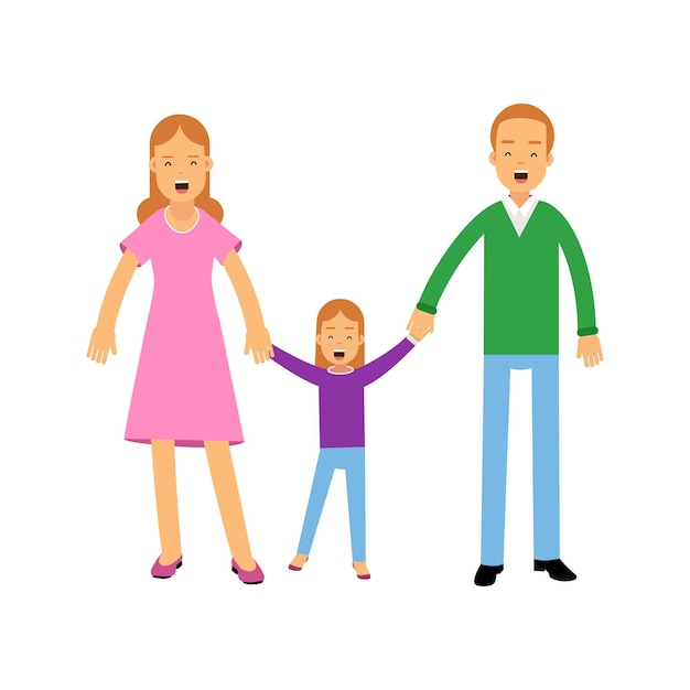 Junge Eltern, die mit ihrer kleinen Tochter stehen, glückliche Familienkonzeptvektorillustration lokalisiert auf einem weißen Hintergrund