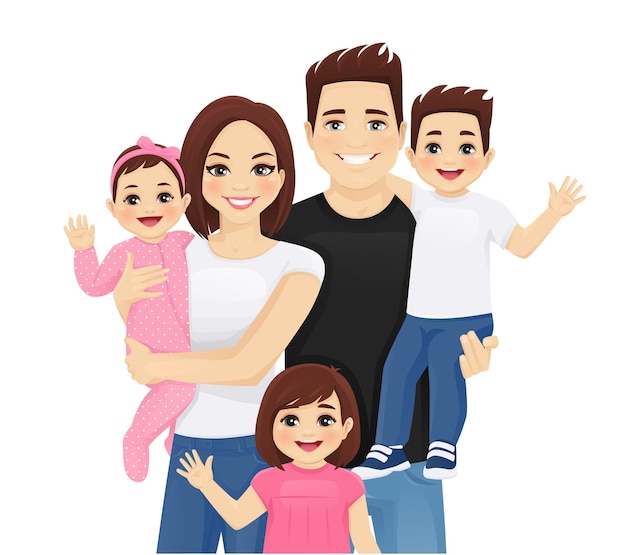 Junge Eltern mit neugeborenem Baby und Kleinkind Jungen und Mädchen Vektorillustration isoliert. Glückliche Familie